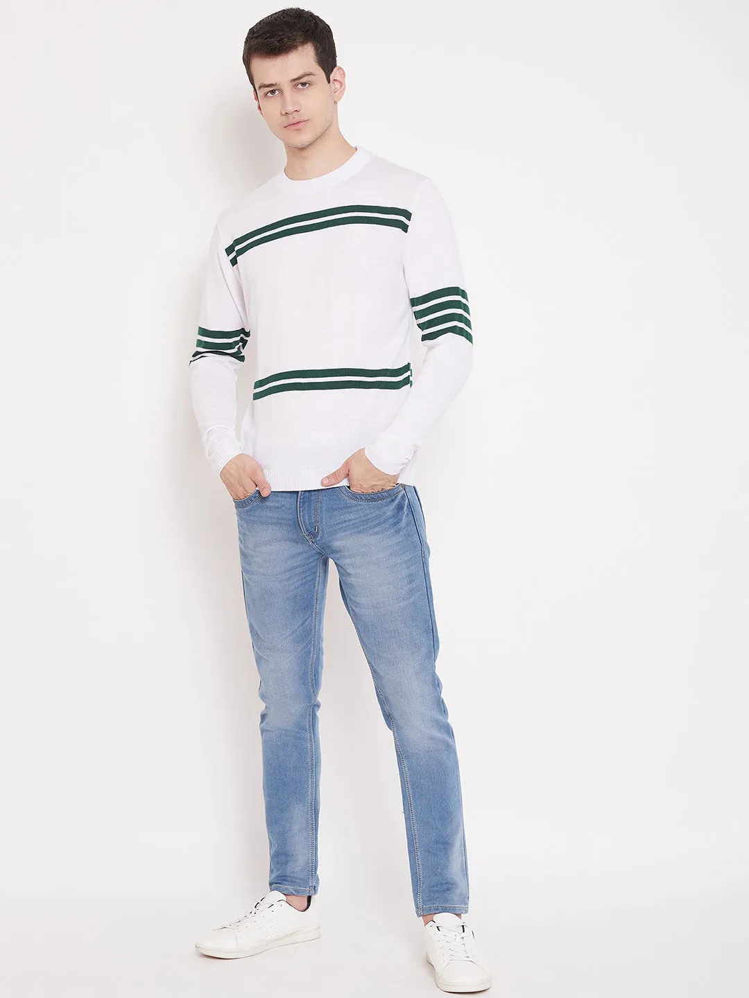 JUMP USA Men White Striped Round Neck Casual Pullover