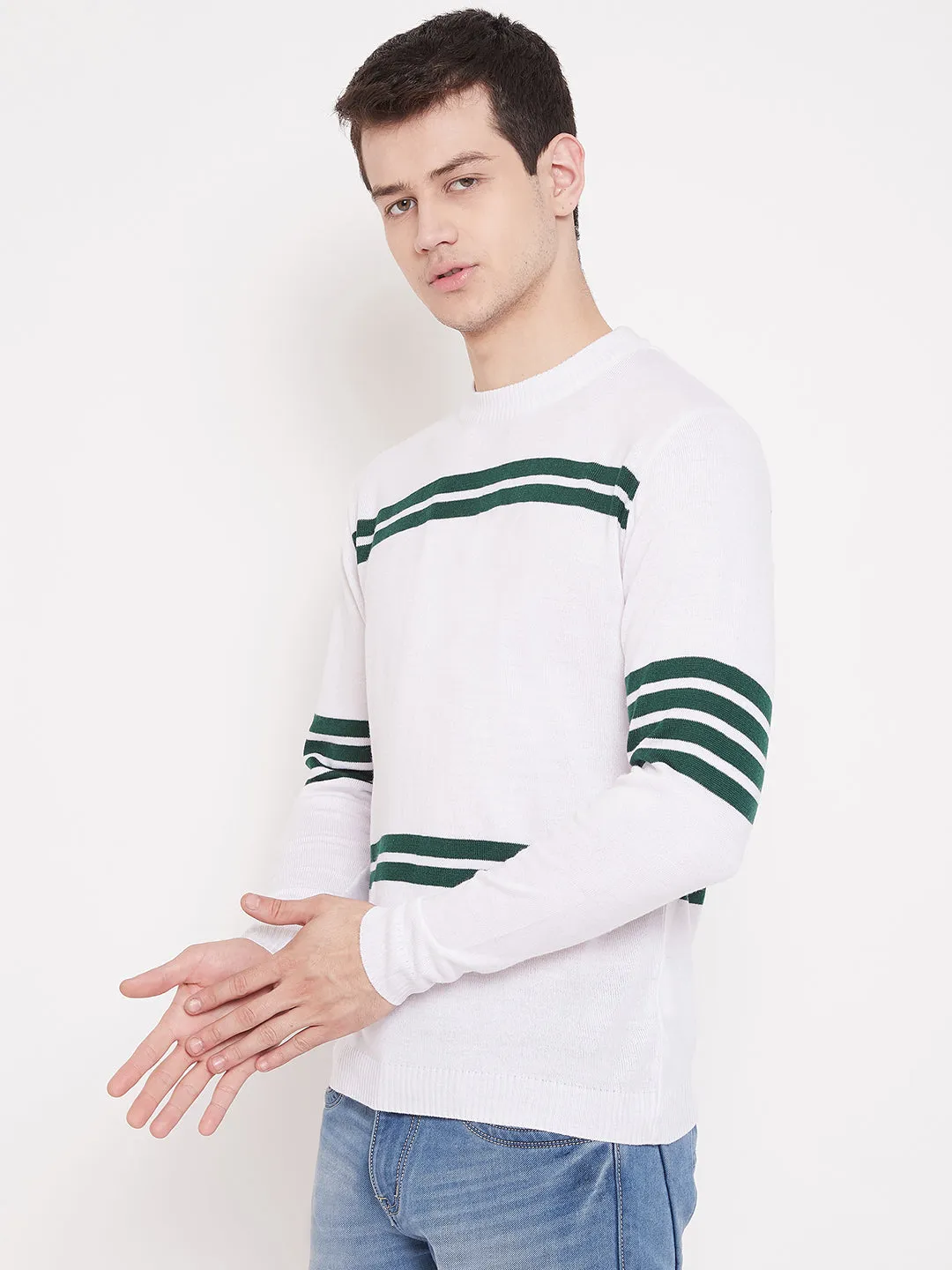 JUMP USA Men White Striped Round Neck Casual Pullover