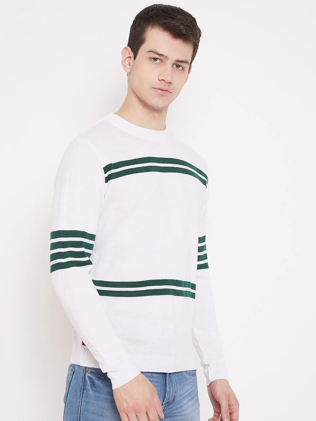 JUMP USA Men White Striped Round Neck Casual Pullover