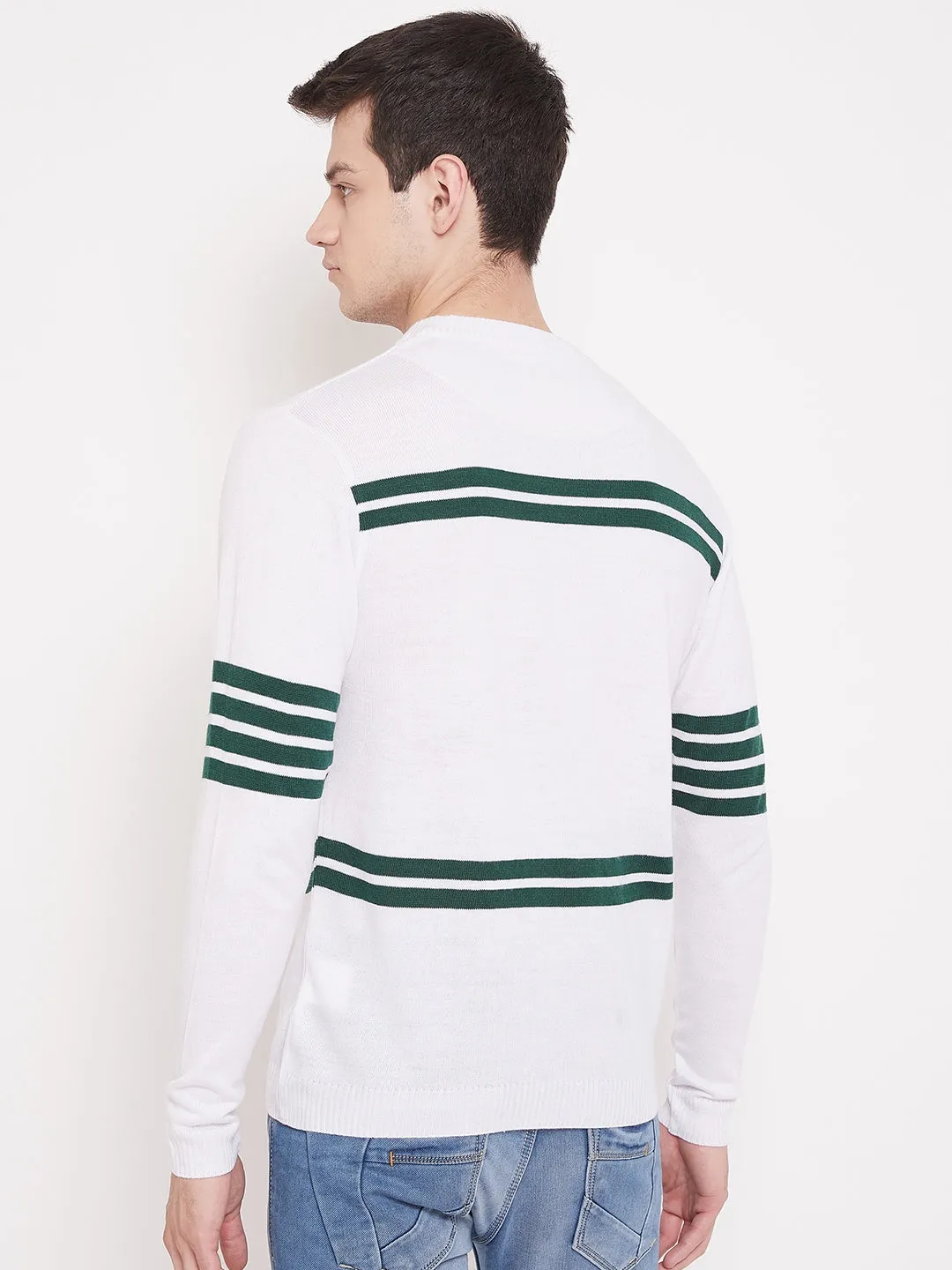 JUMP USA Men White Striped Round Neck Casual Pullover