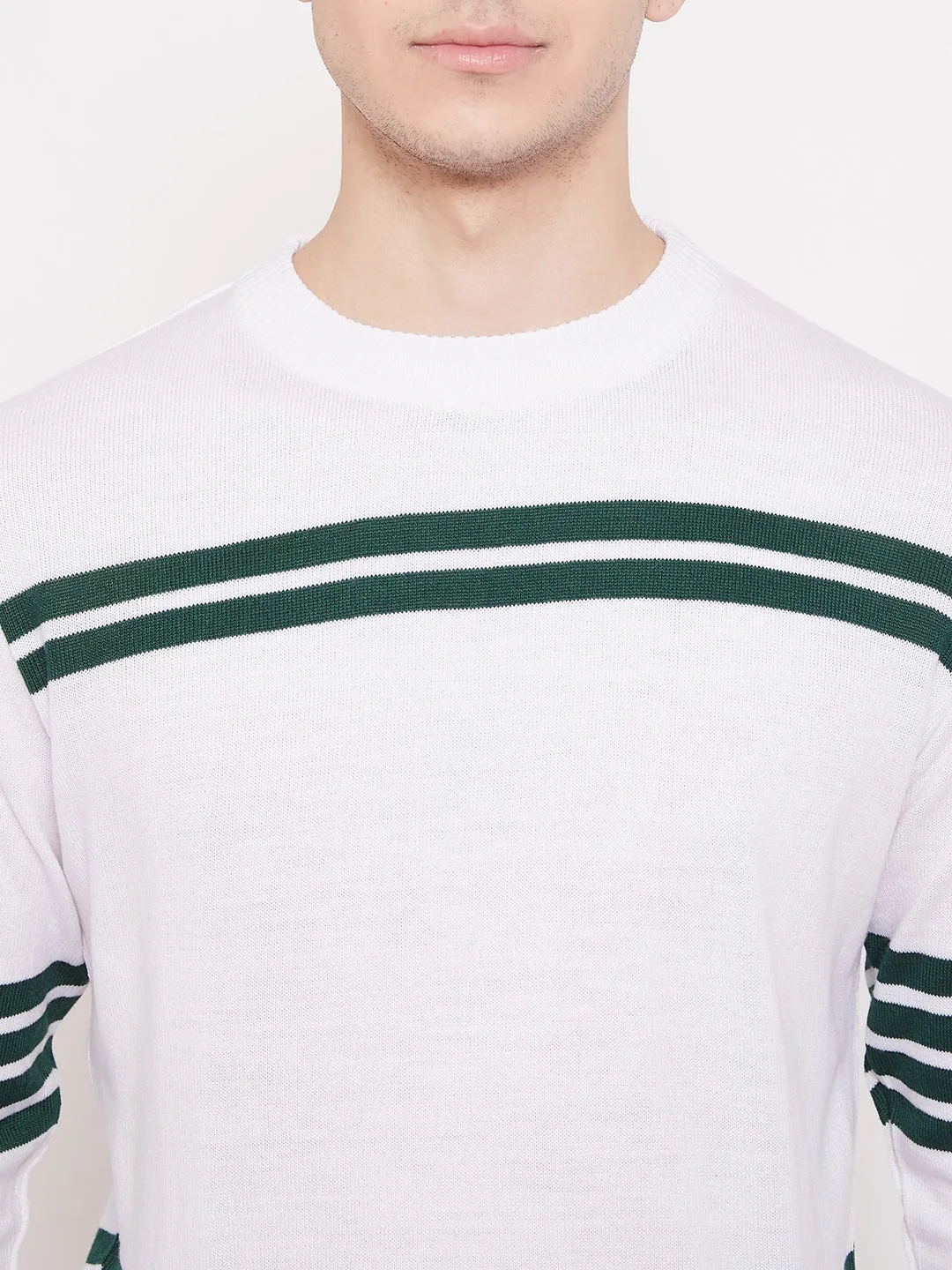 JUMP USA Men White Striped Round Neck Casual Pullover