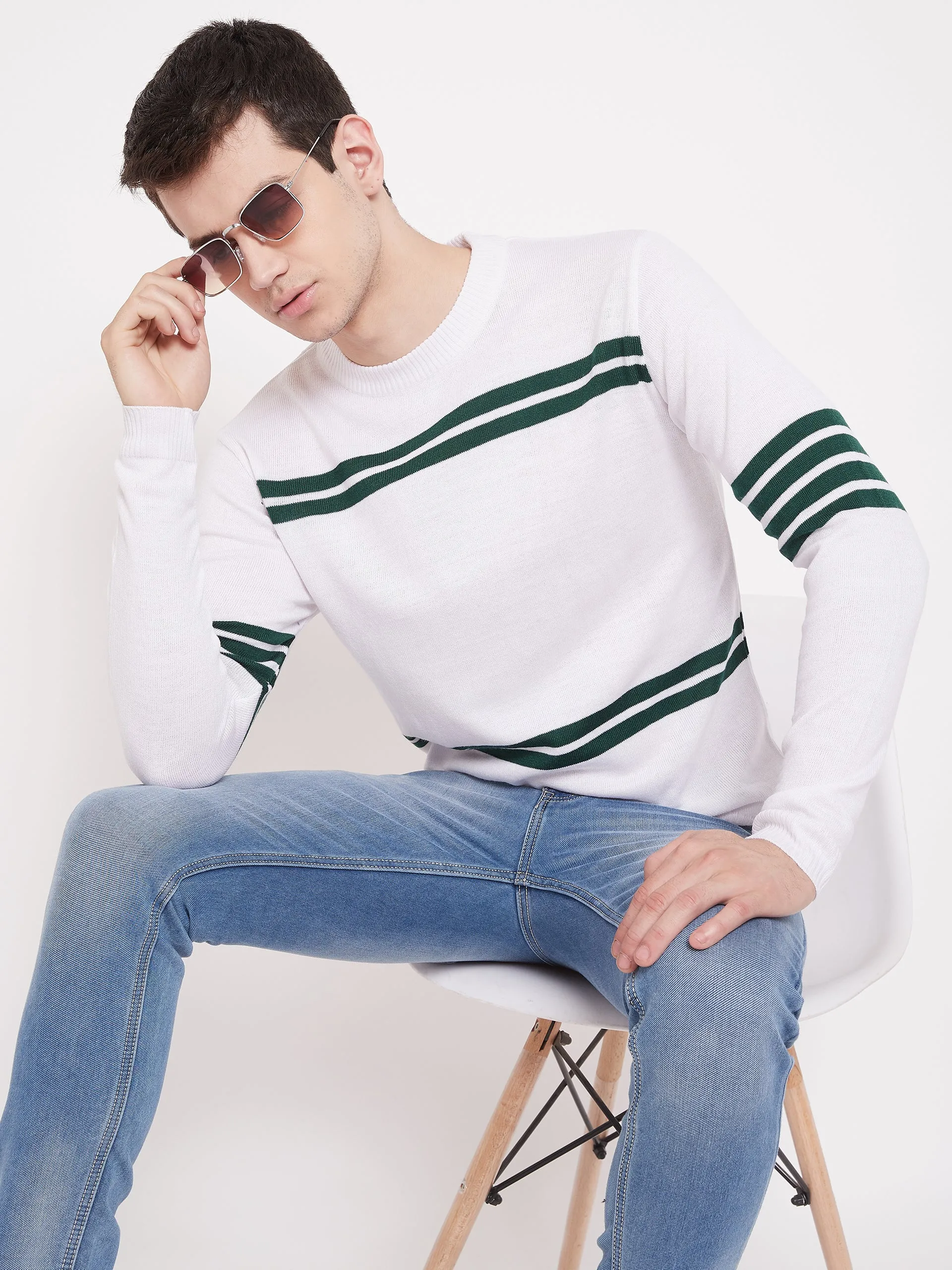 JUMP USA Men White Striped Round Neck Casual Pullover