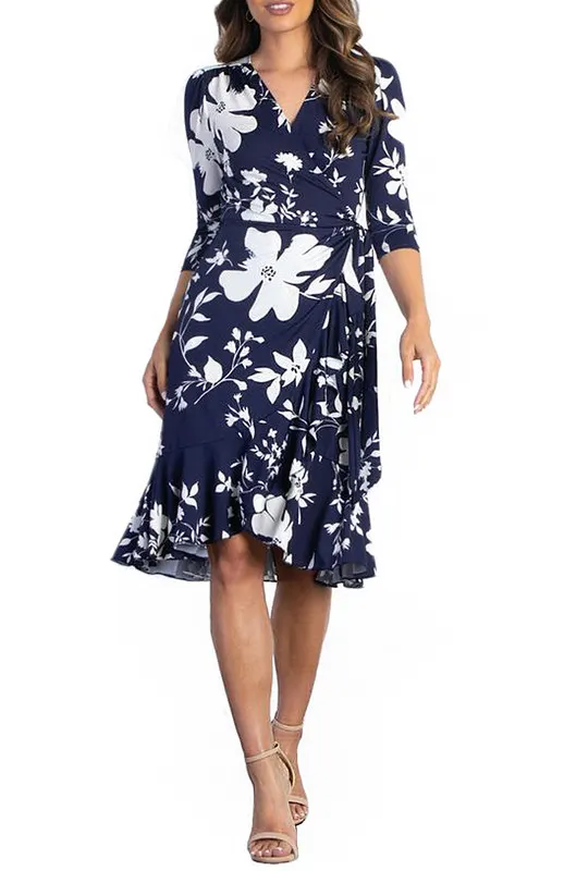 Kiyonna Flirty Flounce Midi Wrap Dress with 3/4 Sleeves