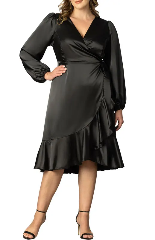 Kiyonna Serena Satin Long Sleeve Wrap Dress (Plus Size)