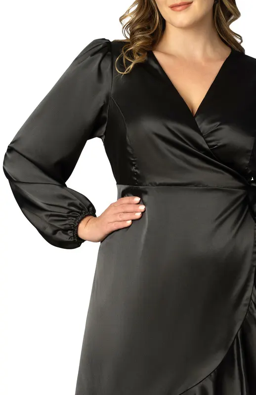 Kiyonna Serena Satin Long Sleeve Wrap Dress (Plus Size)