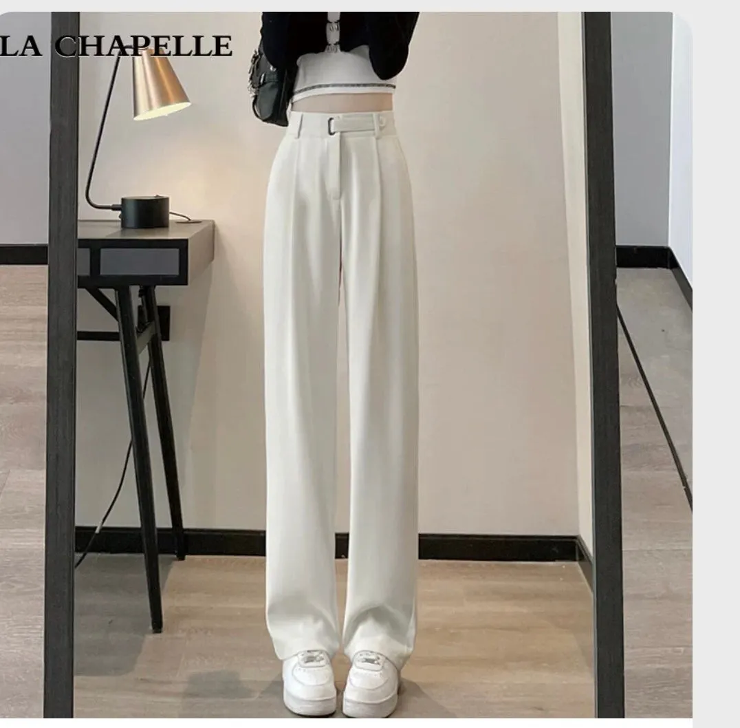 La Chapelle gray ice silk wide-leg suit pants for women summer 2024 new style high-end drape straight casual pants