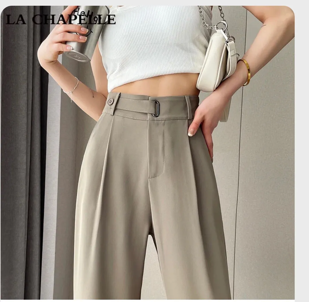 La Chapelle gray ice silk wide-leg suit pants for women summer 2024 new style high-end drape straight casual pants