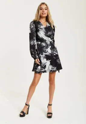 Liquorish Mono Abstract Print Mini Wrap Dress