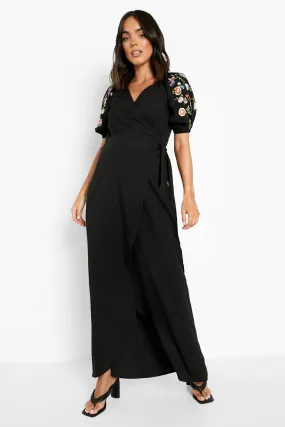 Maternity Floral Embroidered Wrap Maxi Dress