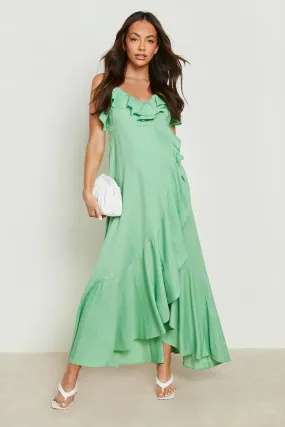 Maternity Linen Ruffle Hem Wrap Midi Dress