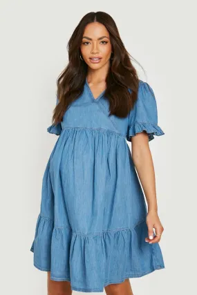 Maternity Wrap Frill Sleeve Tiered Smock Dress