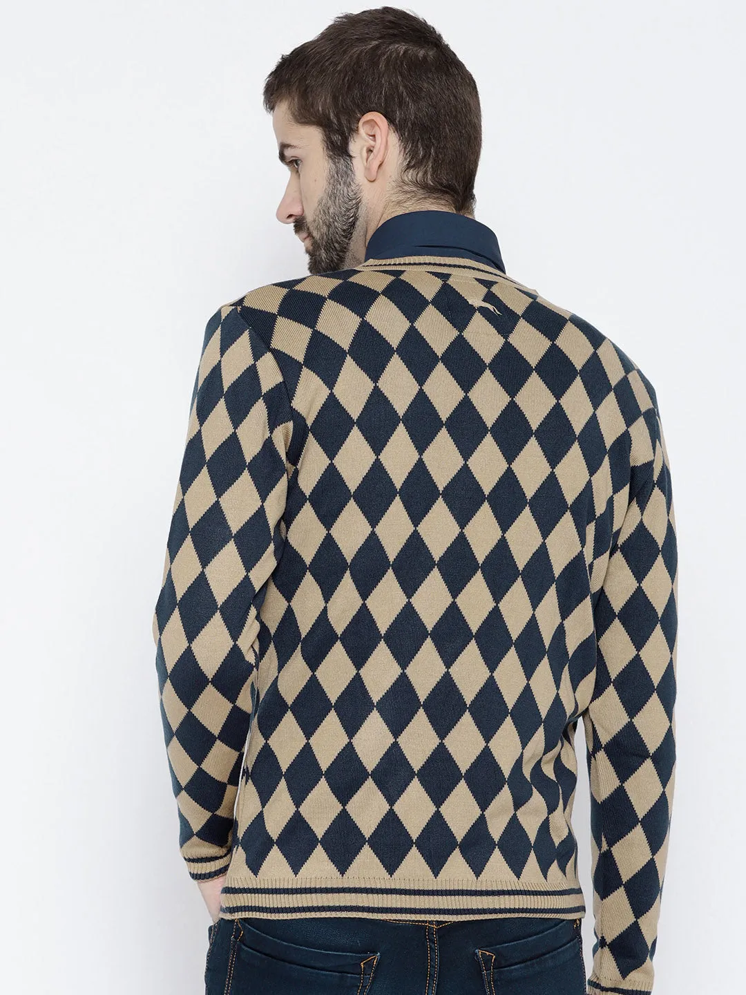 Men Beige and Navy Blue Colourblocked Pullover