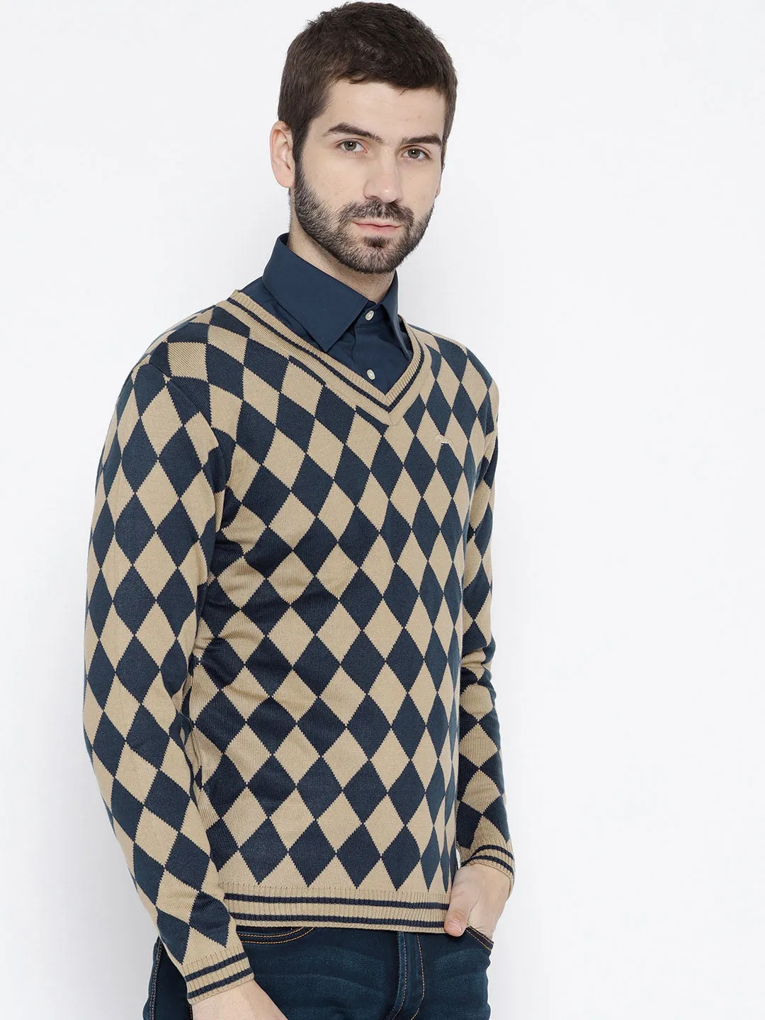 Men Beige and Navy Blue Colourblocked Pullover