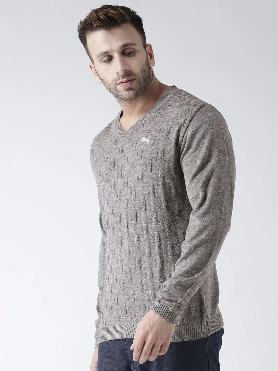 Men Beige self Design Pullover