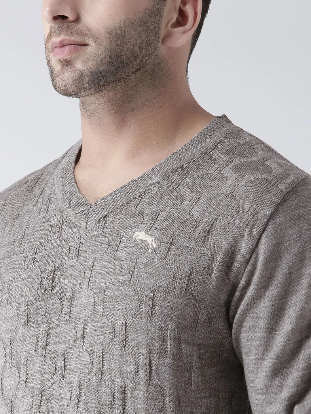 Men Beige self Design Pullover