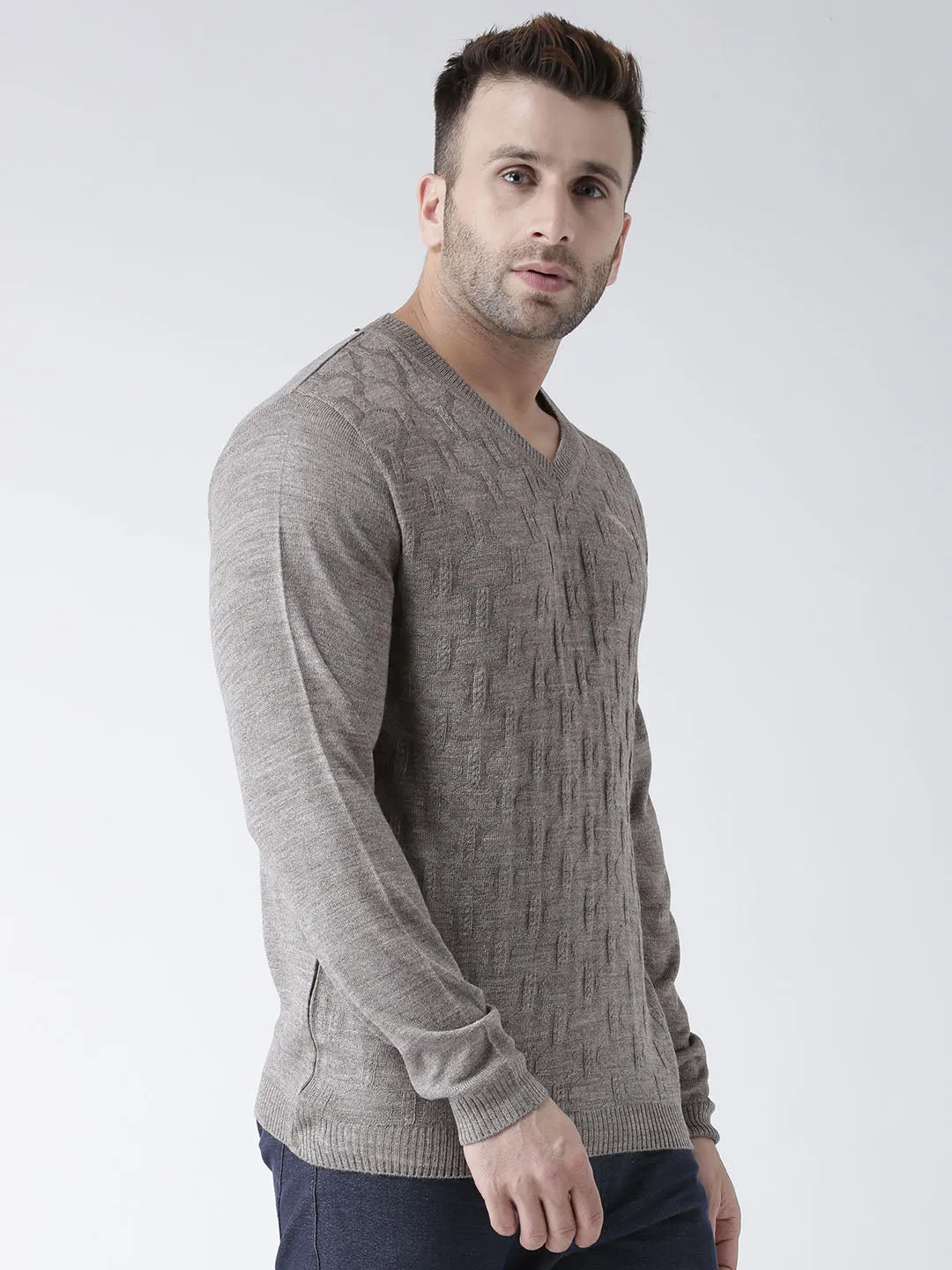 Men Beige self Design Pullover