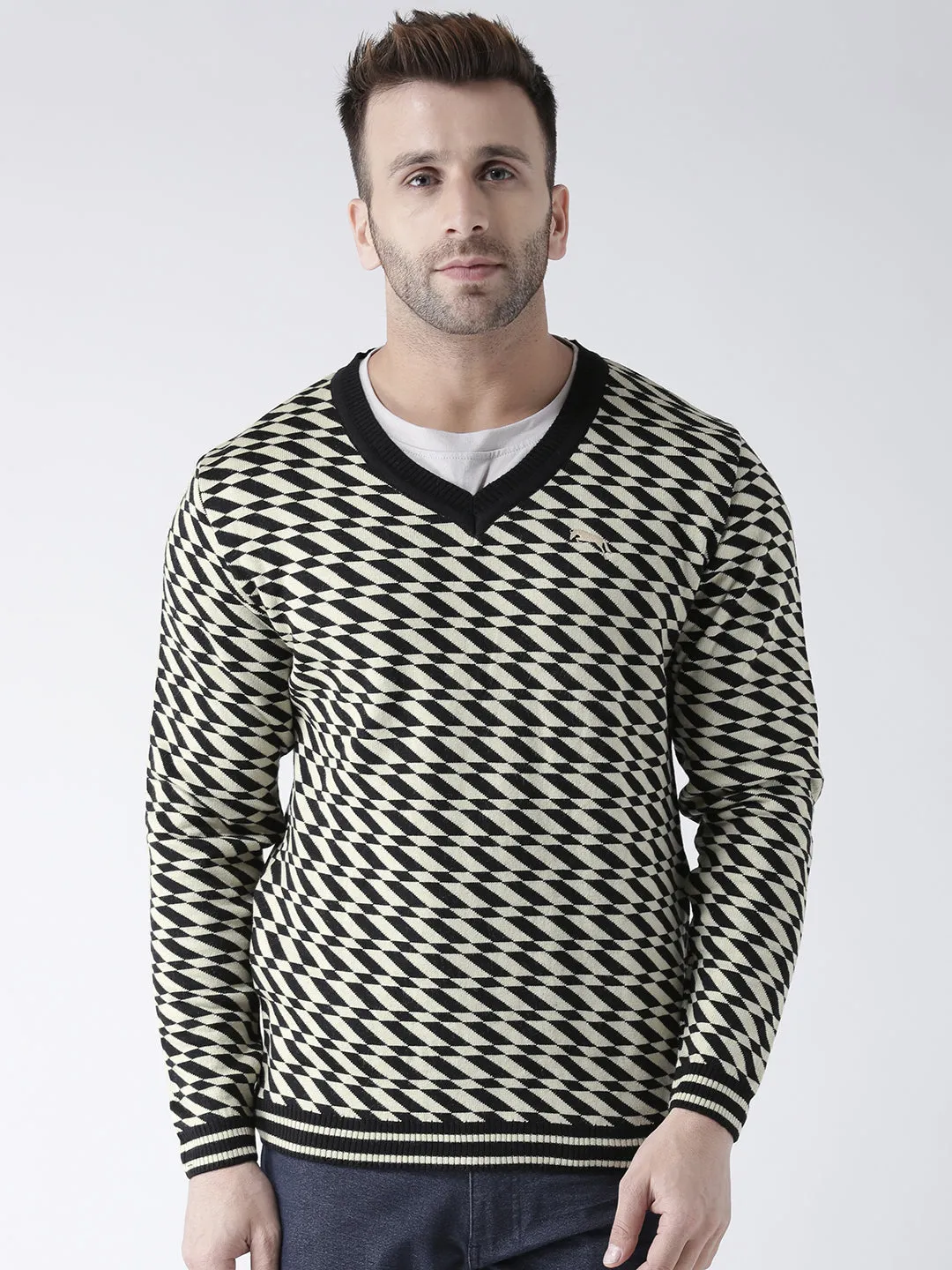 Men Black and Beige Colourblocked Pullover