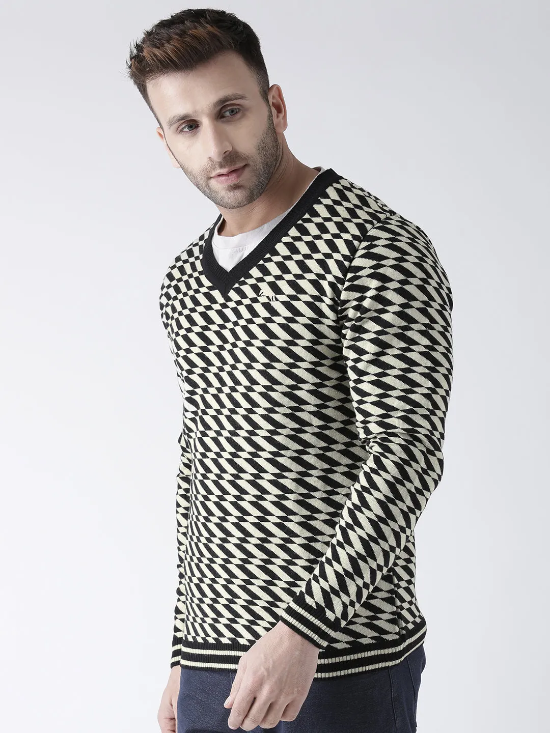 Men Black and Beige Colourblocked Pullover