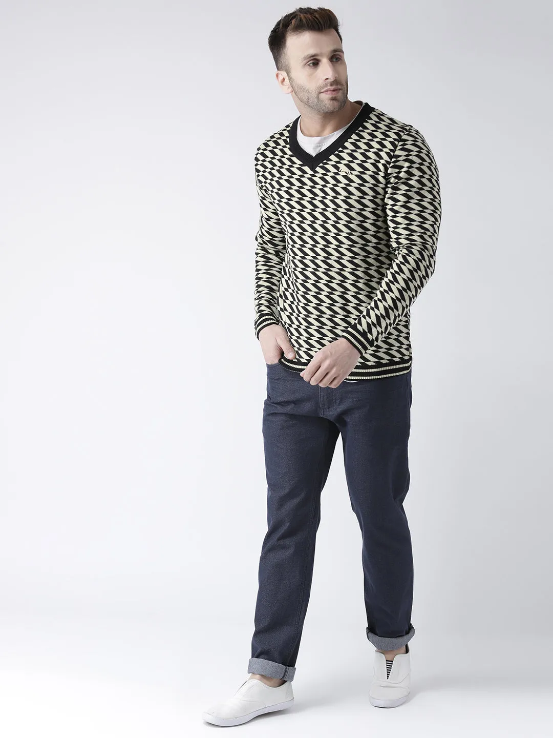 Men Black and Beige Colourblocked Pullover