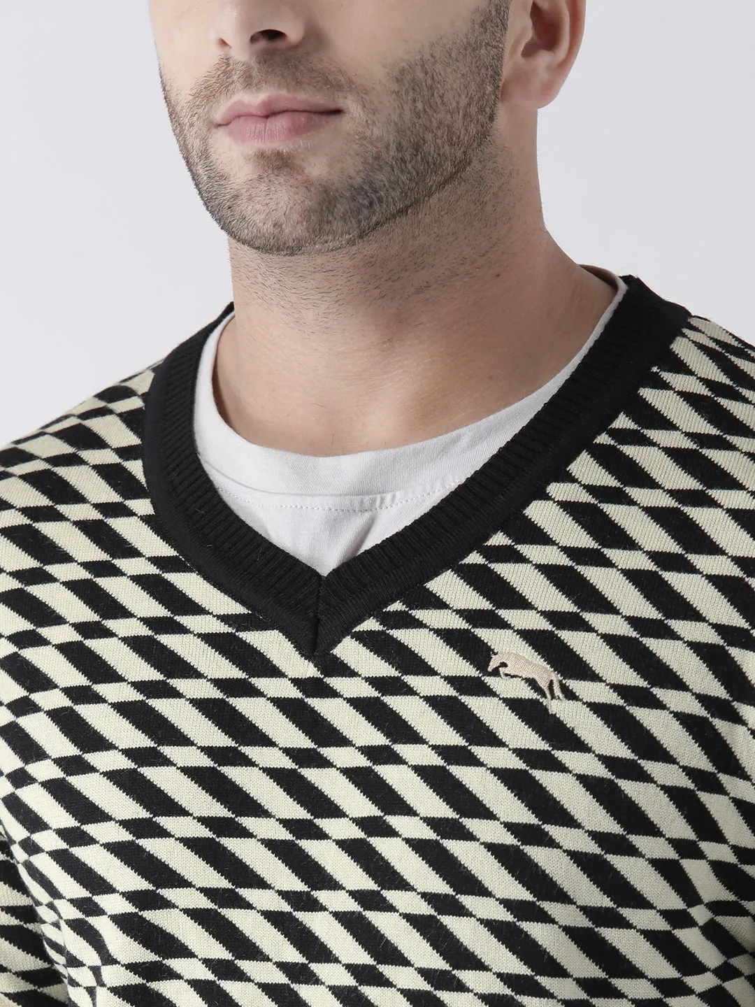 Men Black and Beige Colourblocked Pullover