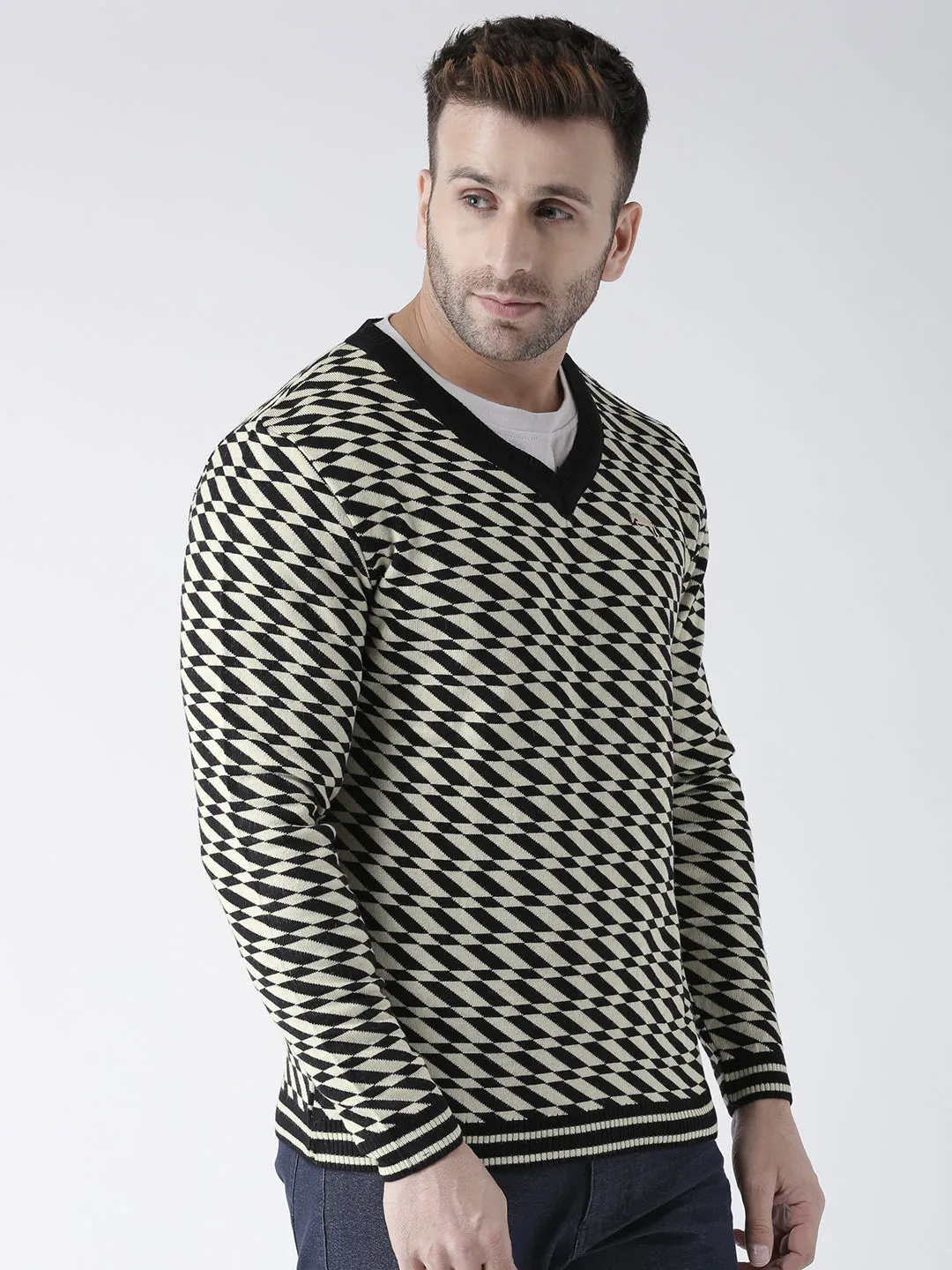 Men Black and Beige Colourblocked Pullover