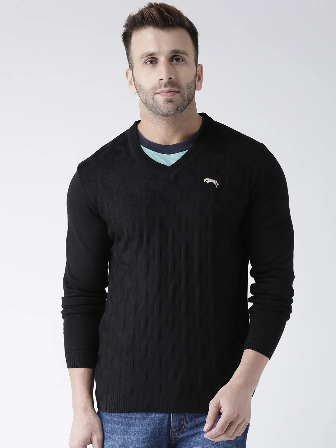 Men Black self Design Pullover