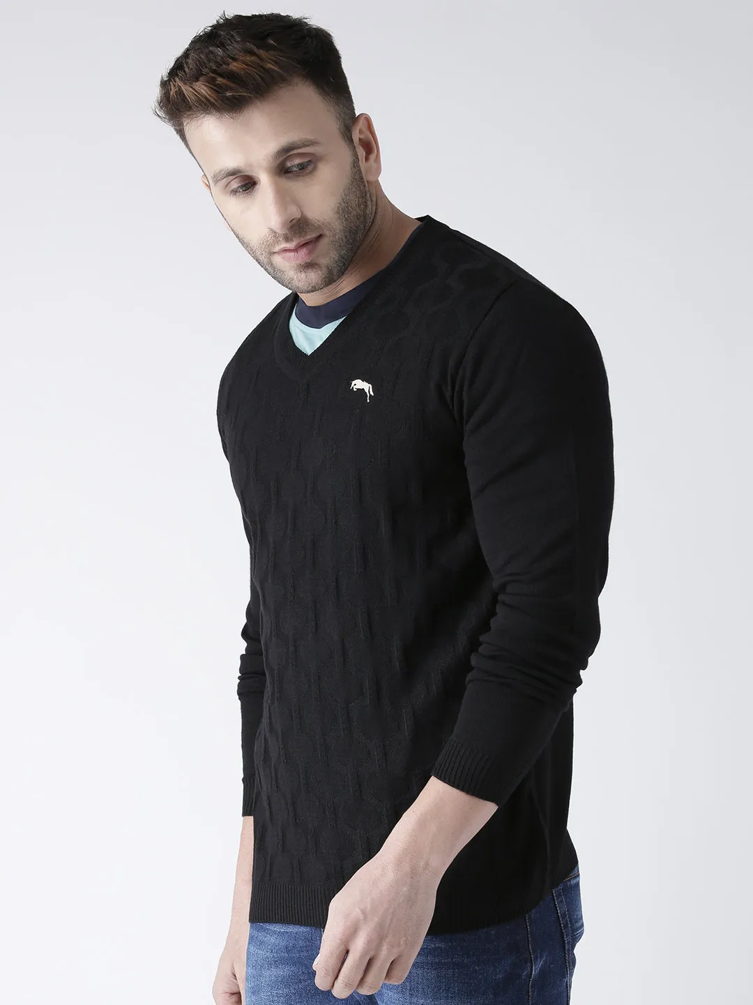 Men Black self Design Pullover