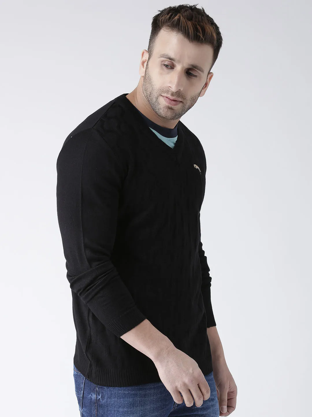 Men Black self Design Pullover