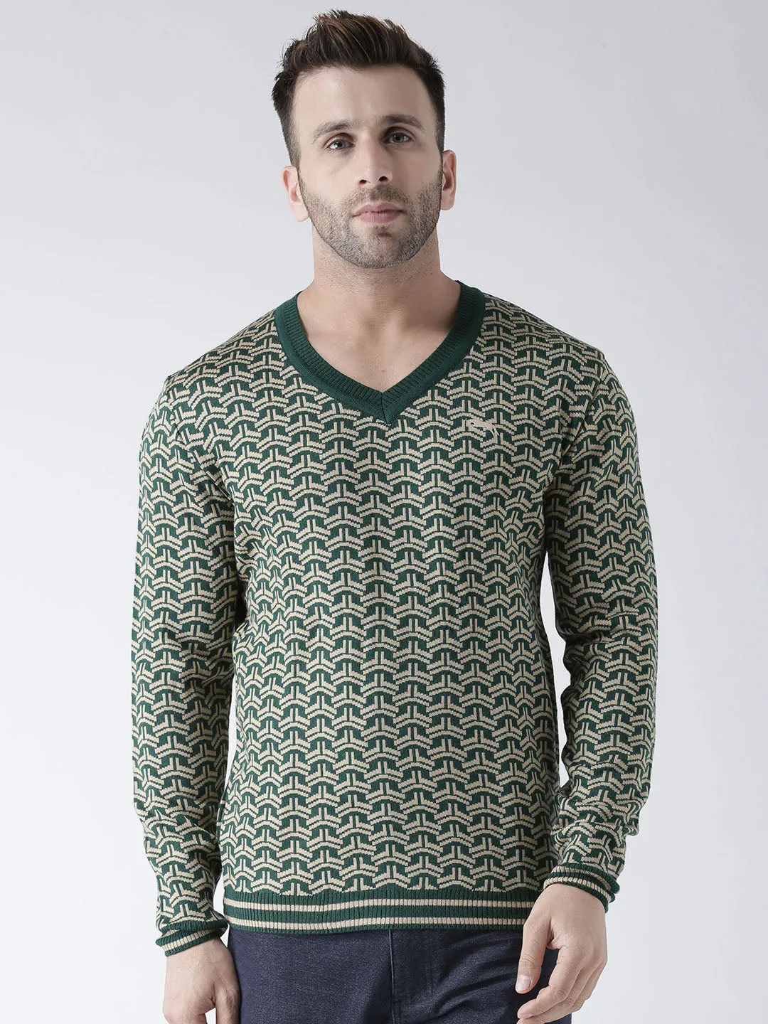 Men Green and Beige Colourblocked Pullover