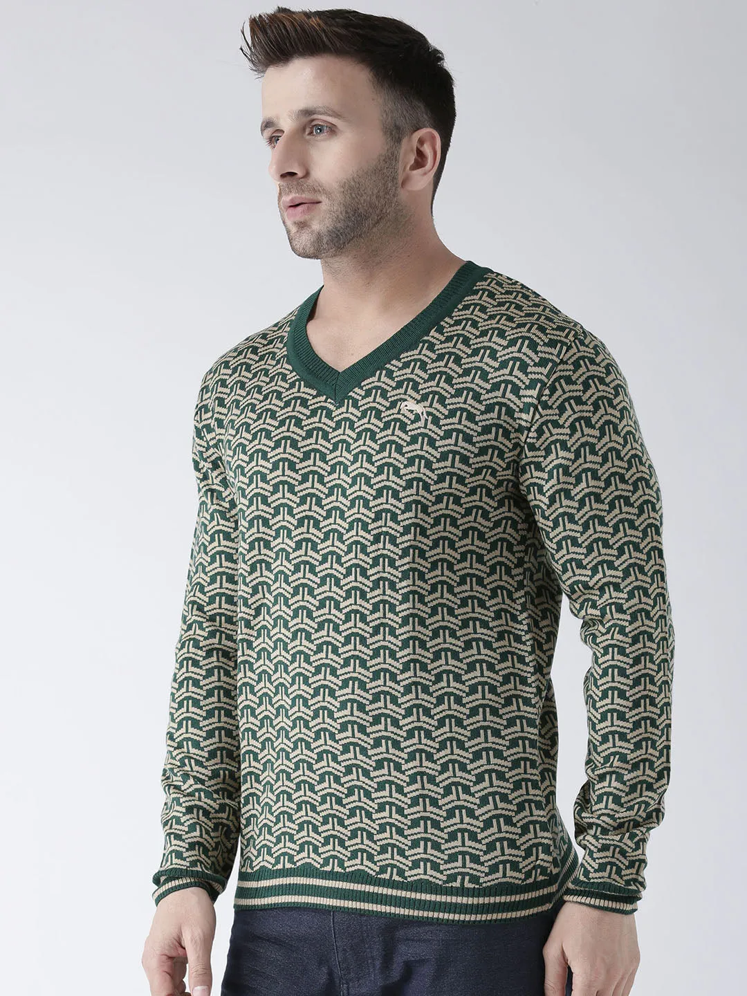 Men Green and Beige Colourblocked Pullover