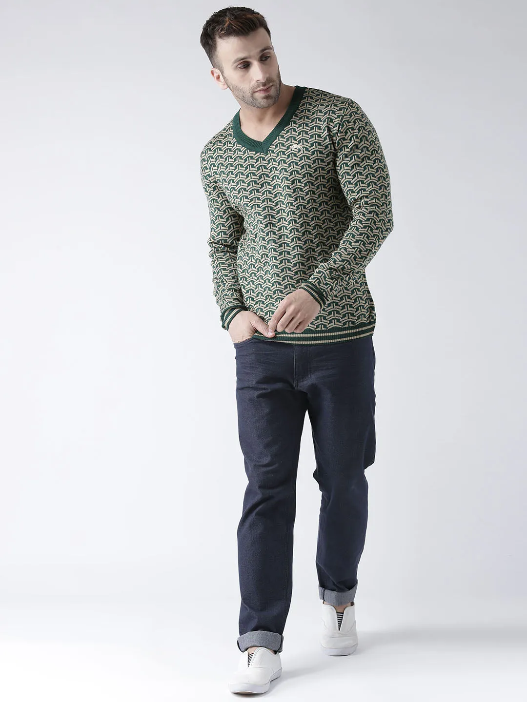 Men Green and Beige Colourblocked Pullover