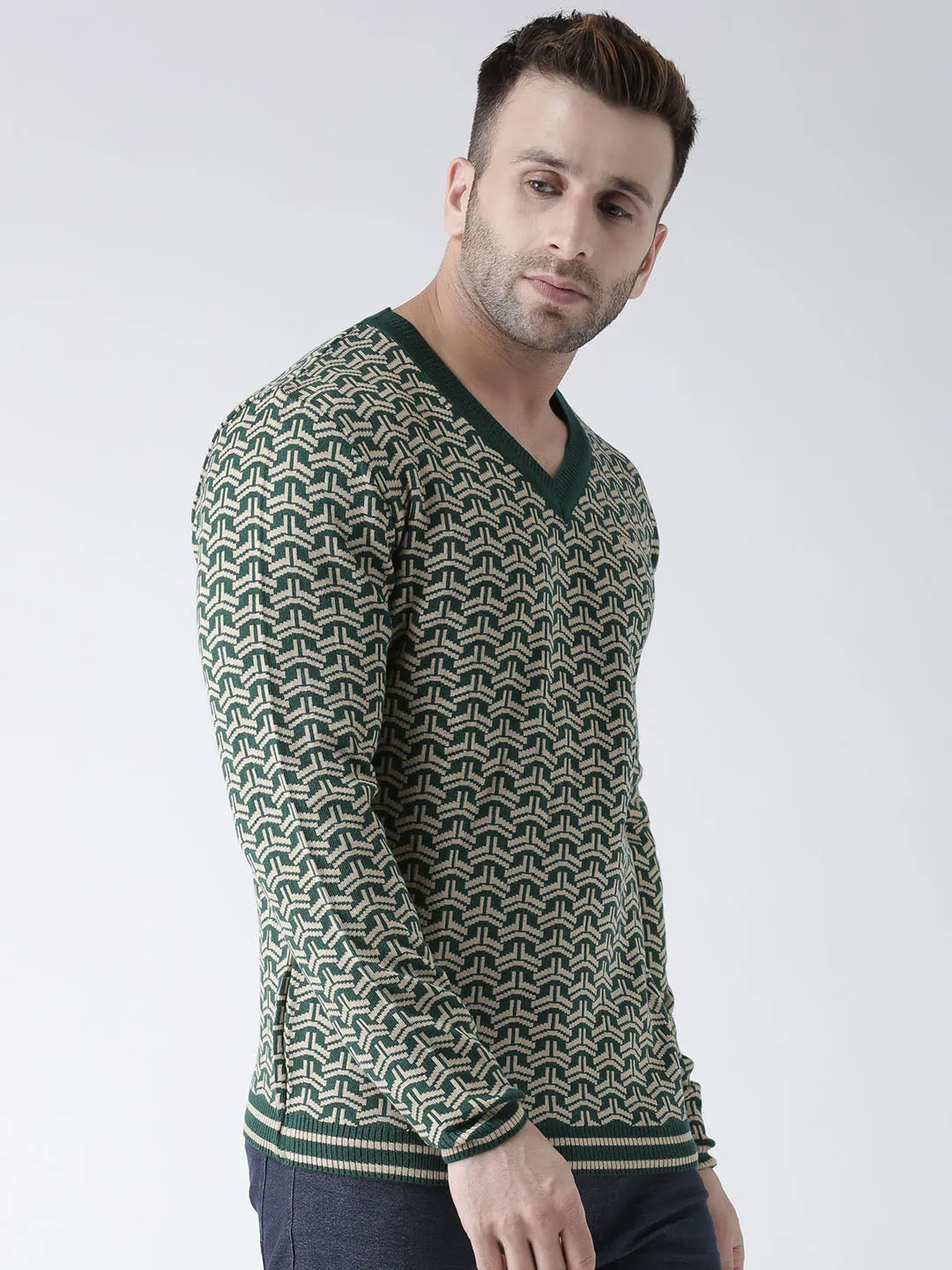 Men Green and Beige Colourblocked Pullover