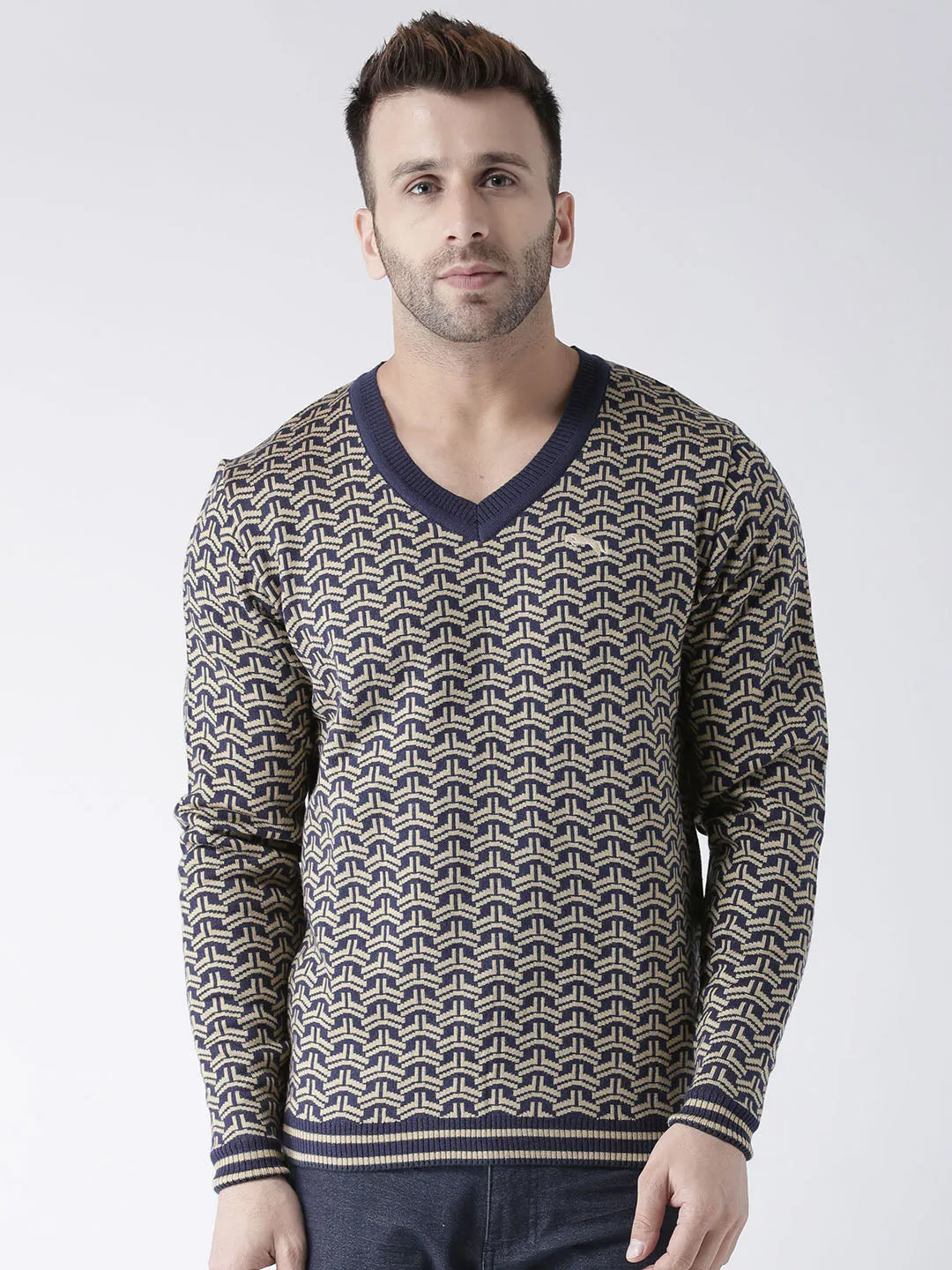 Men Navy Blue and Beige Colourblocked Pullover