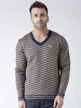 Men Navy Blue and Beige Colourblocked Pullover