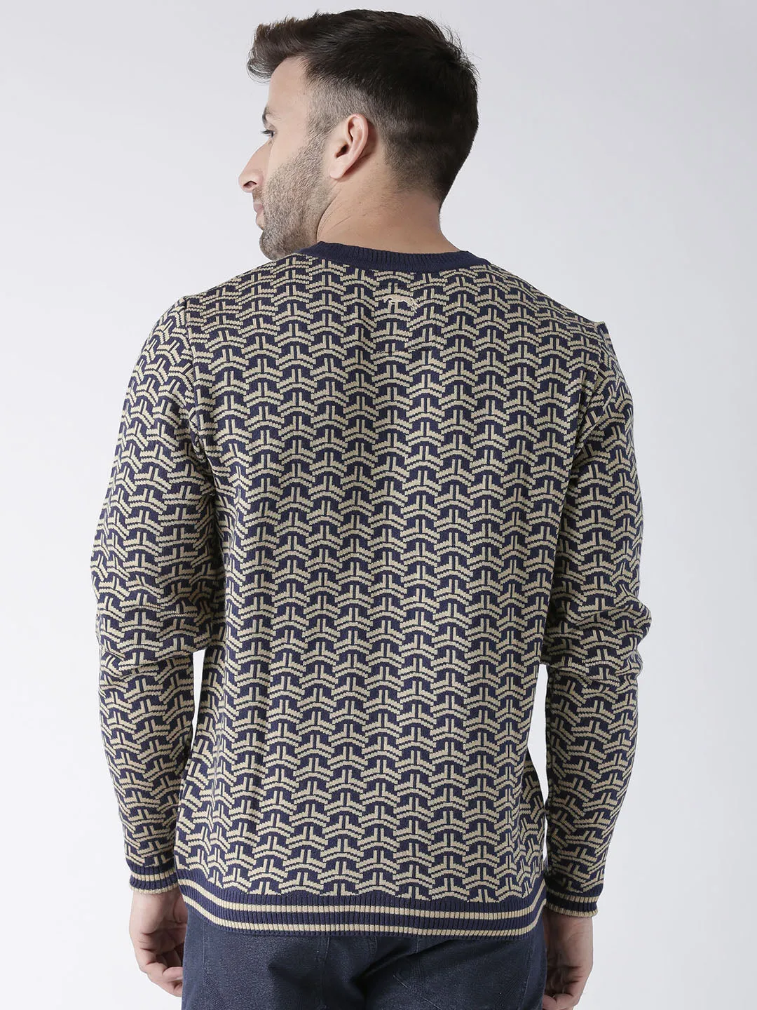 Men Navy Blue and Beige Colourblocked Pullover