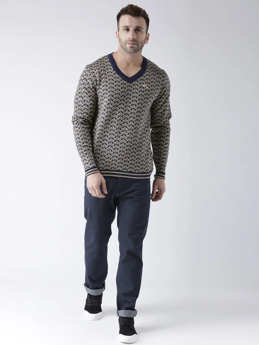 Men Navy Blue and Beige Colourblocked Pullover