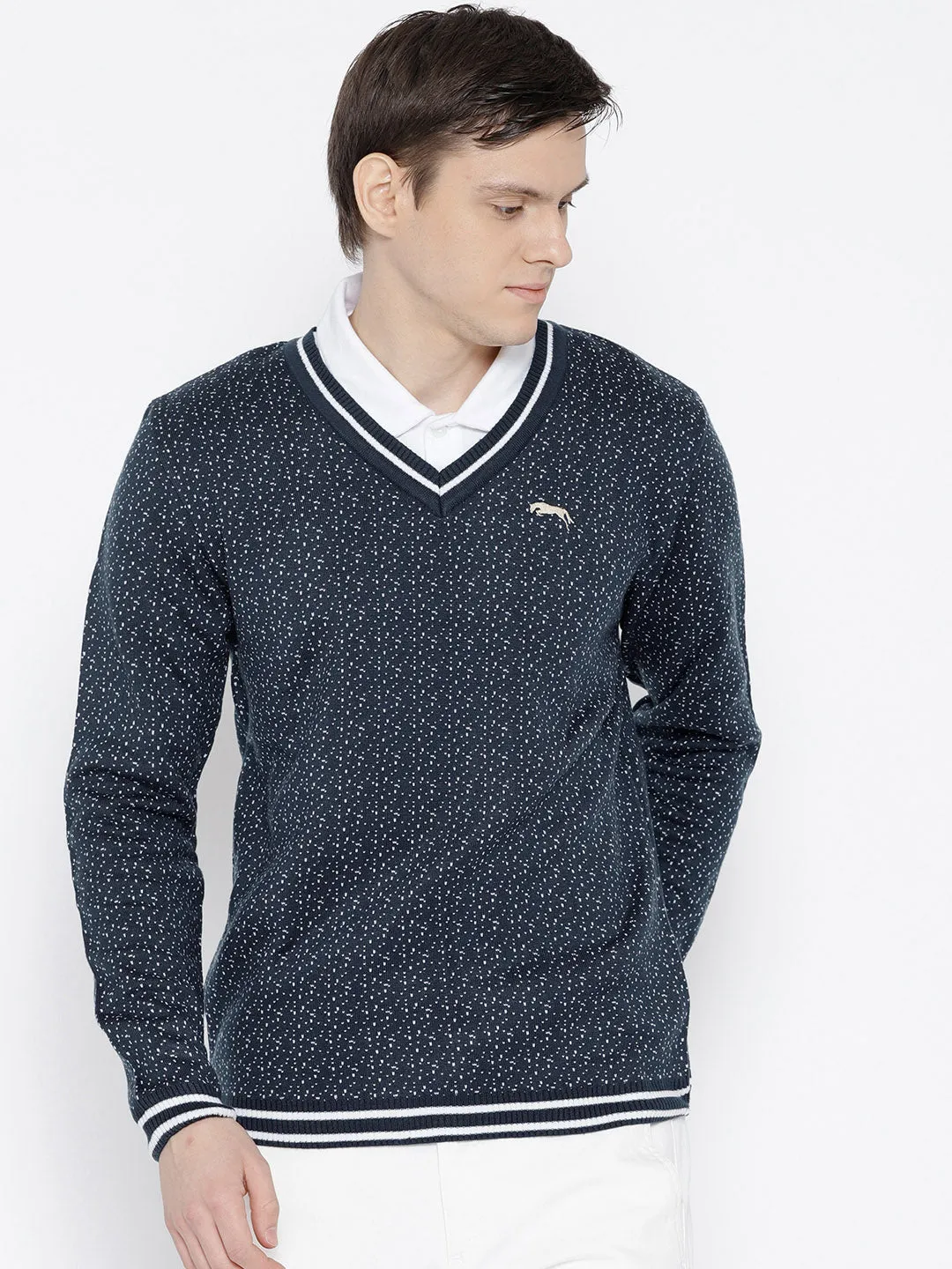 Men Navy Blue and White Colourblocked Pullover