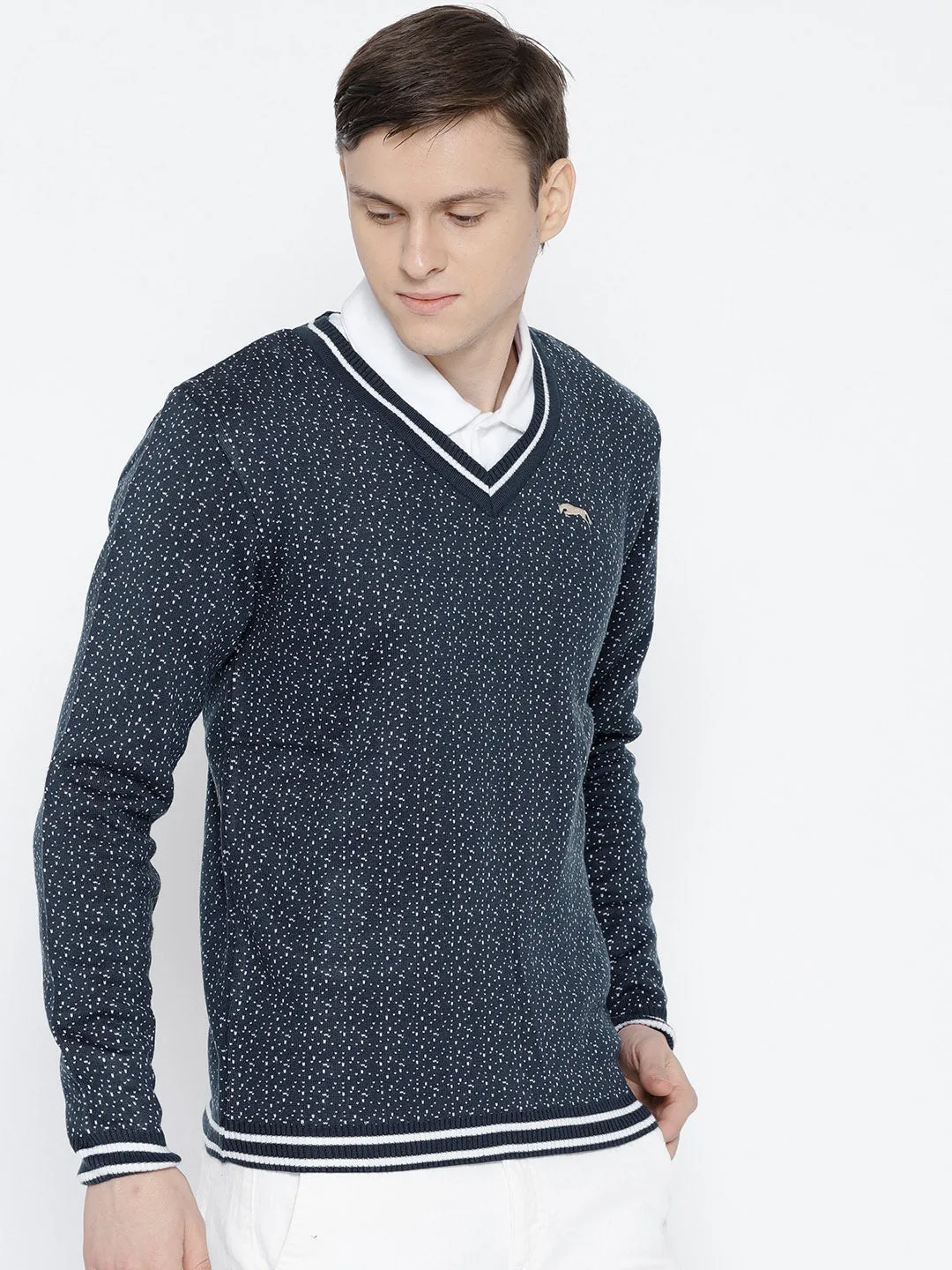 Men Navy Blue and White Colourblocked Pullover