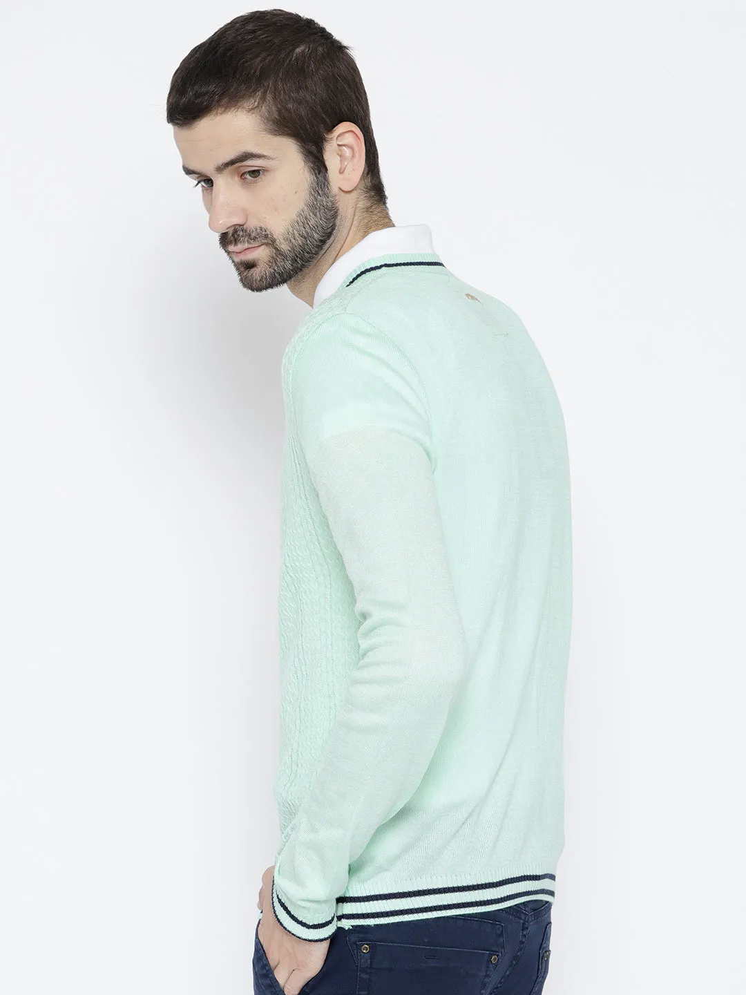 Men Teal Self Design Pullover