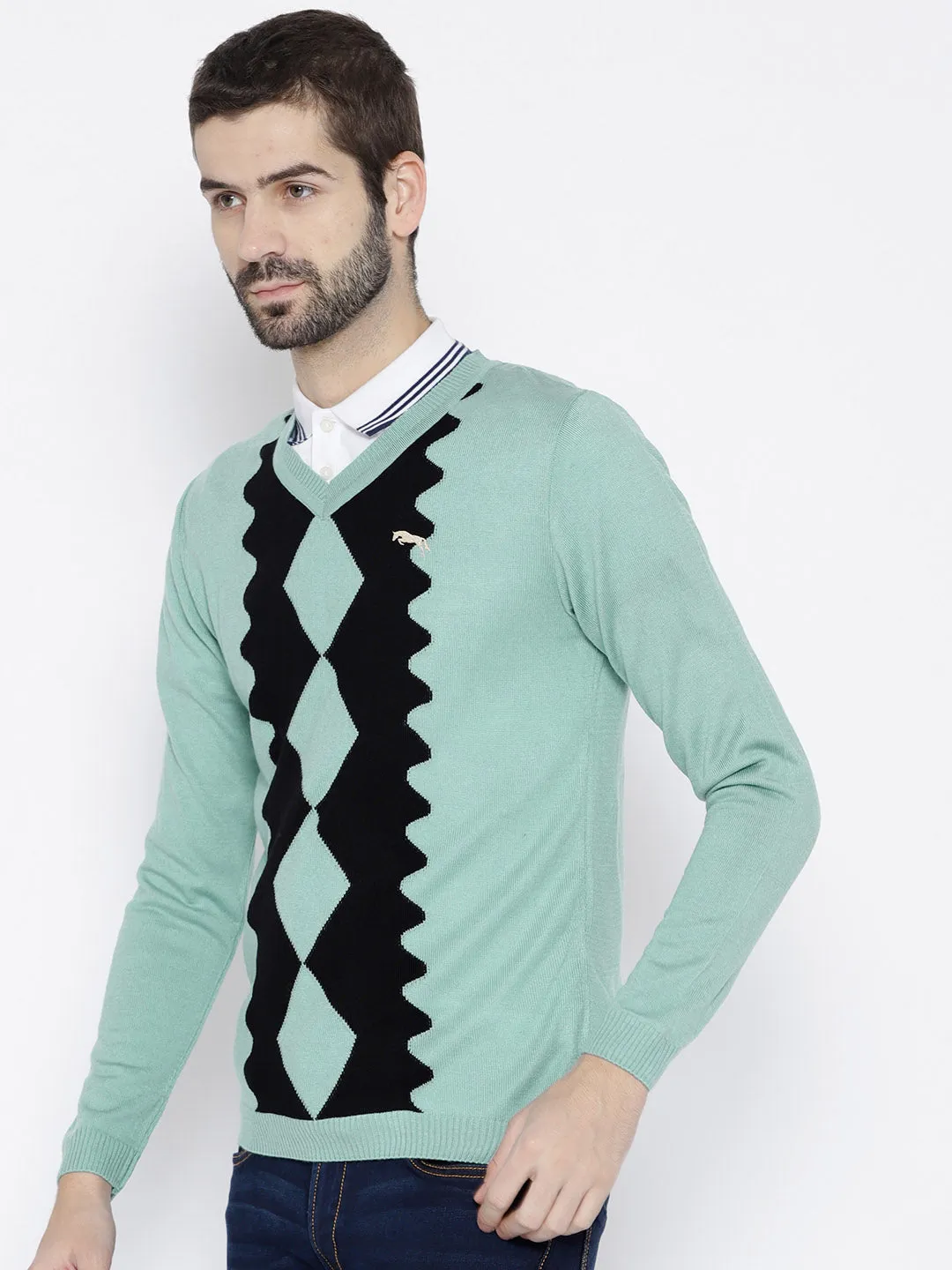 Men Turquoise Blue Colourblocked Pullover