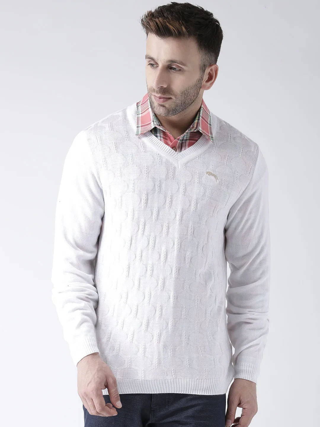 Men White self Design Pullover