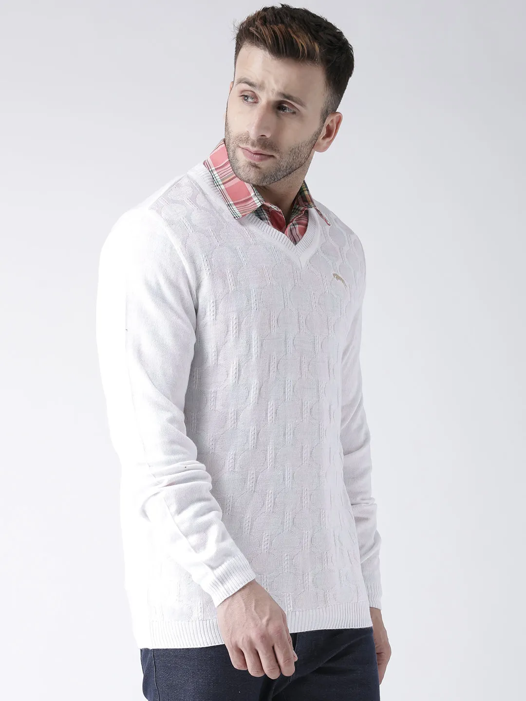 Men White self Design Pullover