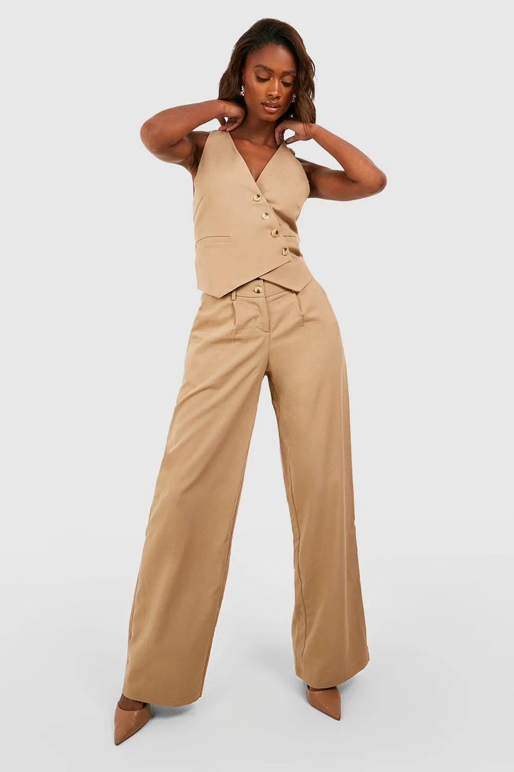 Mock Horn Double Button Wide Leg Dress Pants