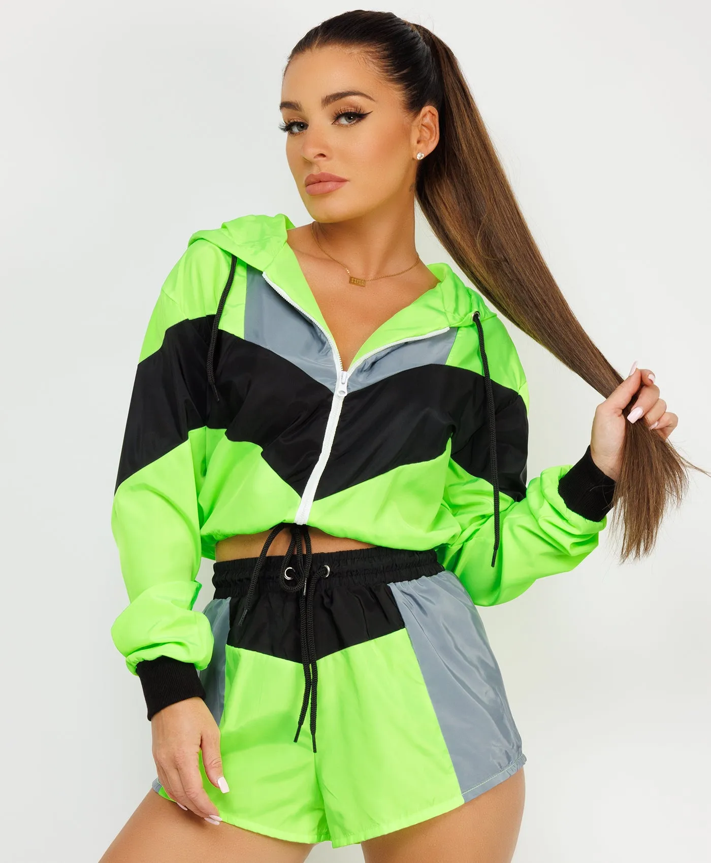 Neon Green Colour Block Jacket & Shorts Festival Co Ord