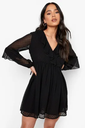 Petite Dobby Ruffle Wrap Peplum Skater Dress