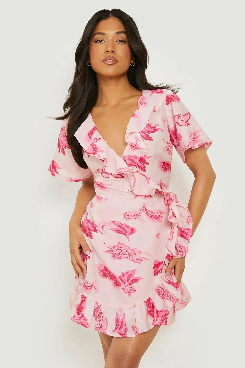 Petite Floral Ruffle Wrap Mini Dress