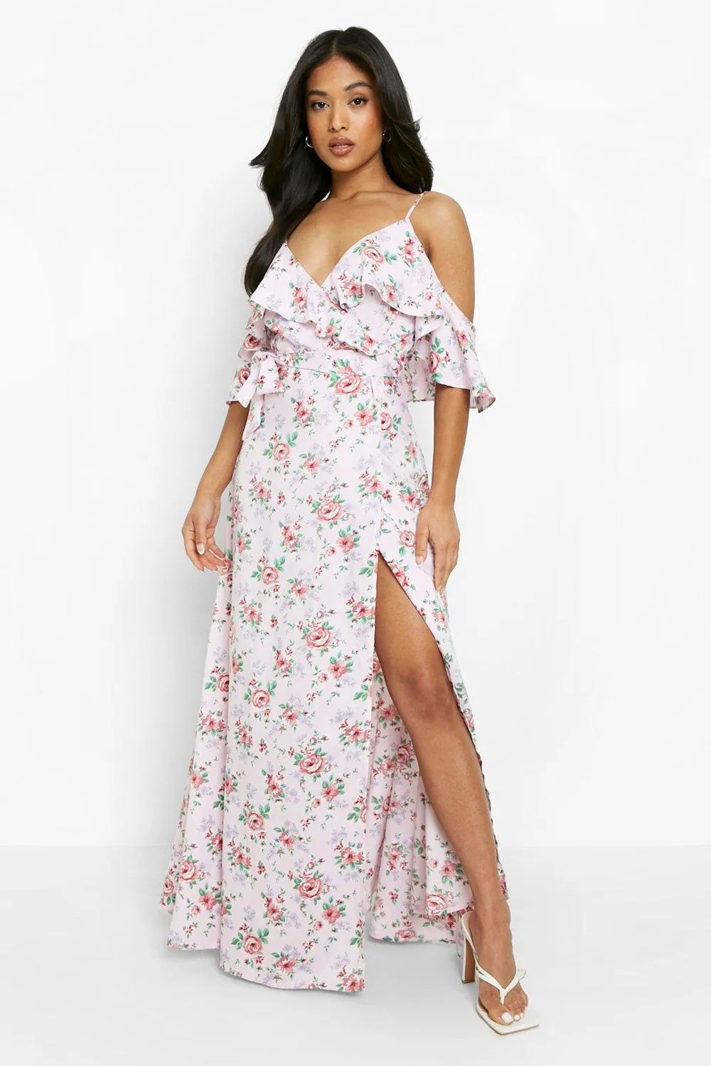 Petite Floral Wrap Cold Shoulder Maxi Dress