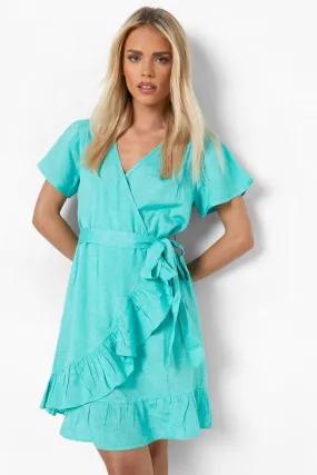 Petite Linen Look Ruffle Wrap Tea Dress