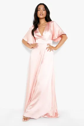 Petite Satin Wrap Angel Sleeve Maxi Dress