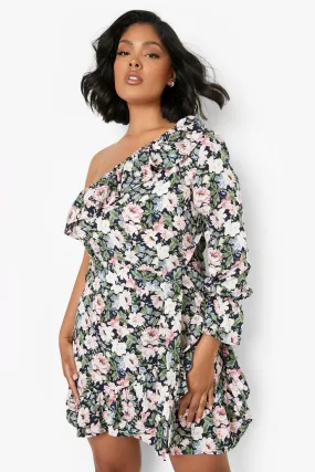 Plus Floral One Shoulder Ruffle Wrap Dress